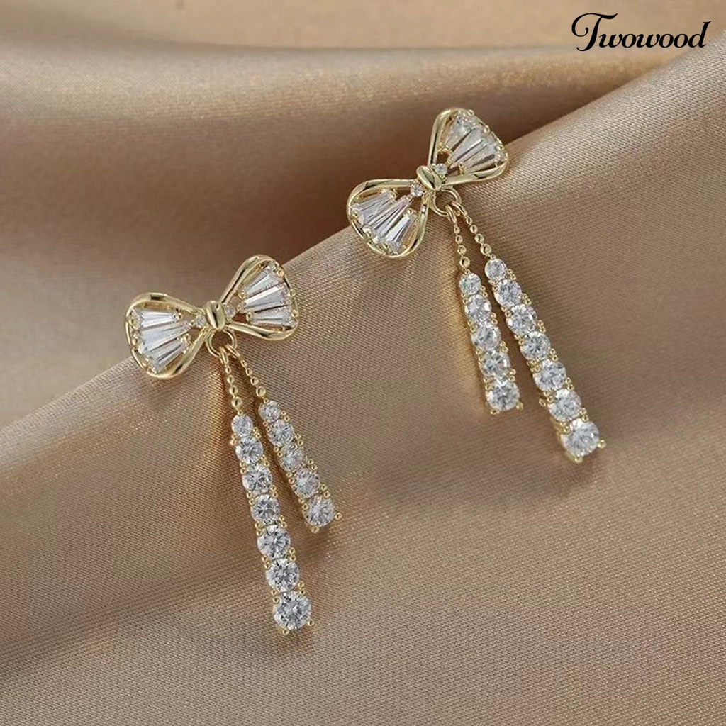 Twowood 1pasang Menjuntai Anting Elegan Mewah Berlian Imitasi Tertanam Ikatan Simpul Stud Earrings Fashion Perhiasan