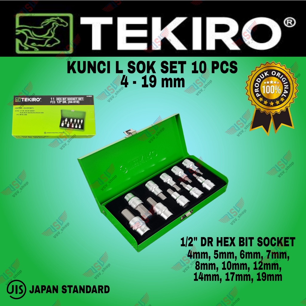 Tekiro Kunci Sok L set 11pcs 4-19mm L Sok 1/2&quot;DR Hex Bit Socket Set 10pcs 1/2&quot;DR