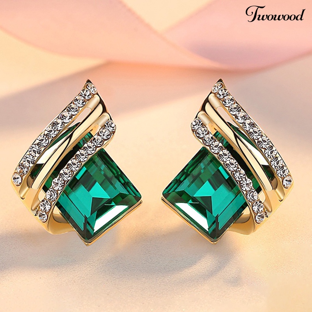 Twowood 1pasang Ear Studs Rhinestone Geometric Electroplating Luxury High Gloss Hiasan Telinga Perhiasan Kristal Imitasi Engagement Earrings Hadiah Anniversary