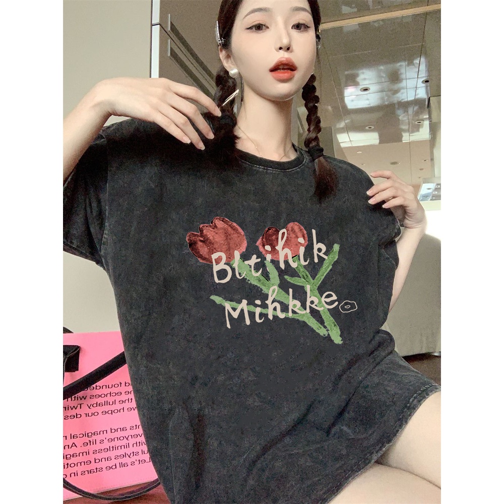 XIAOZHAINV Korean Style Tulip Pattern Washed Printing Kaos Wanita