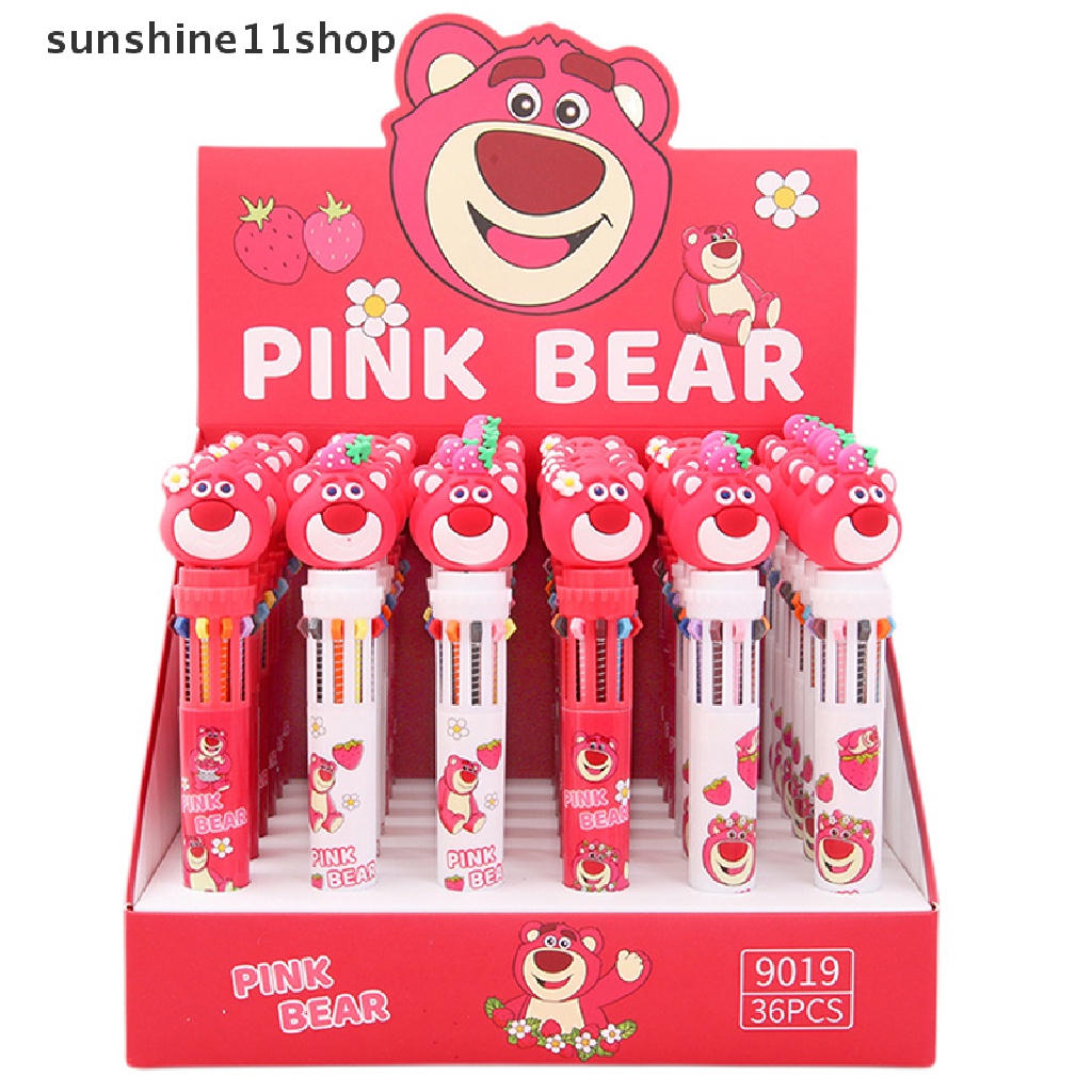 Sho Strawberry Bear 10warna Pulpen Bolpoin Multi Warna Kawaii Kartun Press-type Color Pen Alat Tulis Sekolah Multi-Fungsi Supply Hadiah Alat Tulis N