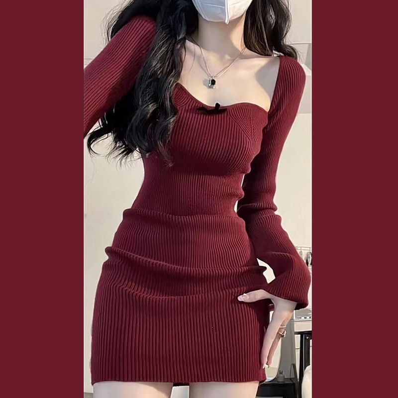 DR818 BAJU WANITA  KOREAN SEXY WRAP  RED SEXY SLIM BODY SHAPE KNITING DRESS ELEGANT KOREAN DRESS