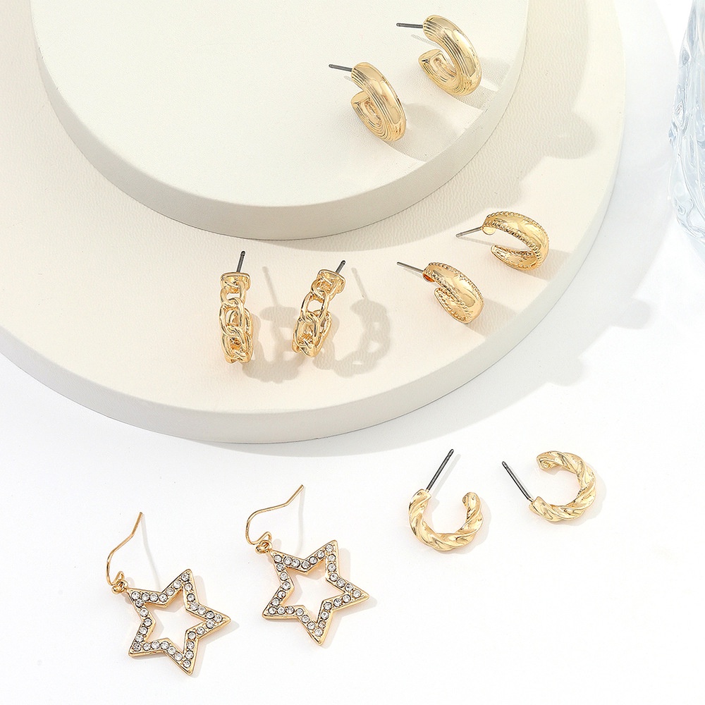 Set Anting Berbentuk C Retro Bintang Berujung Lima Lingkaran Berlian Anting Set