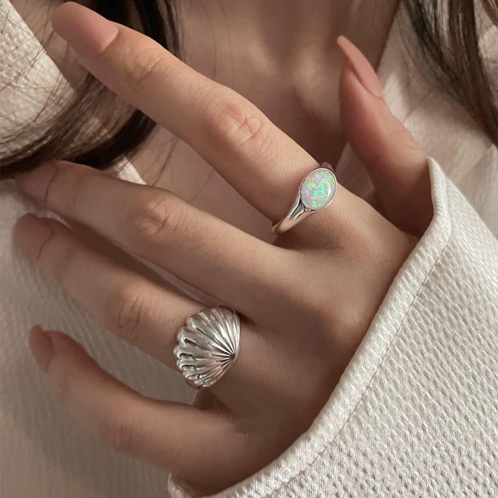 Needway   Wanita Cincin Terbuka French Sweet Shell Untuk Gadis Batu Retro Gaya Korea Ring