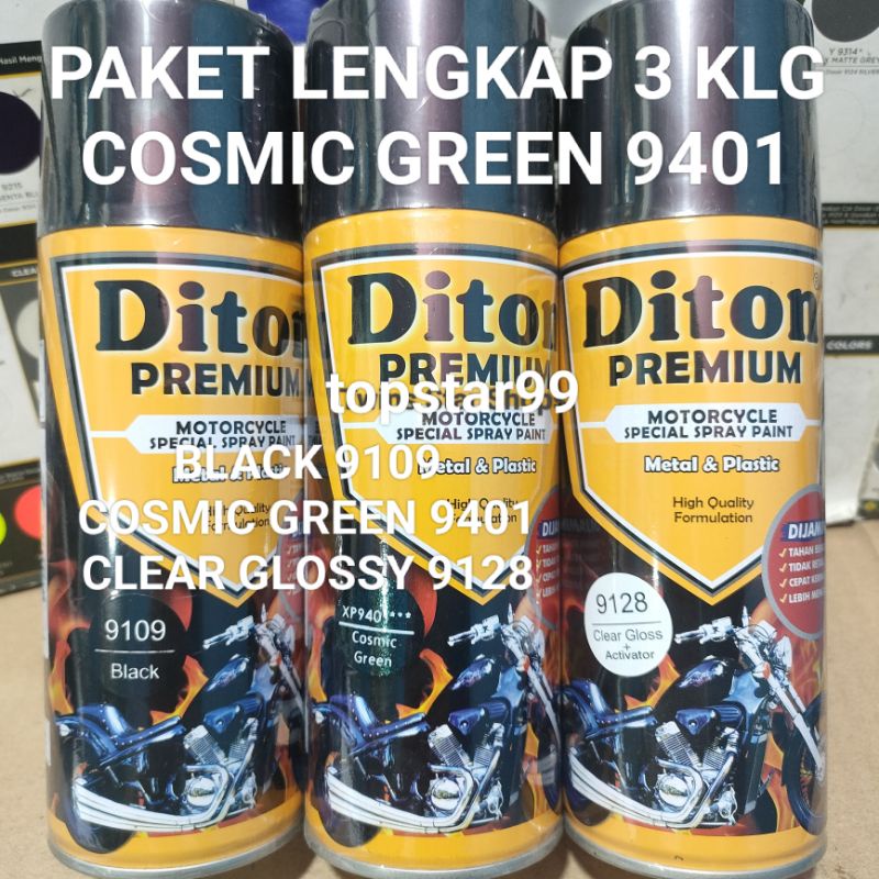 Diton Premium Paket Lengkap 3 Kaleng 400cc Cosmic Green Hijau Tua Xirallic Xiralic 9401 Black 9109 Clear Glossy 9128 Pilox Pilok Cat Semprot Spray Paint