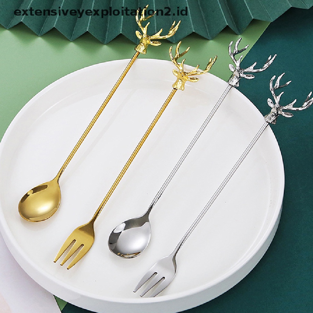 {NEW} 1pc Sendok Kue Kopi Tanduk Stainless Steel Garpu Dessert Spoon Stirring Fork.