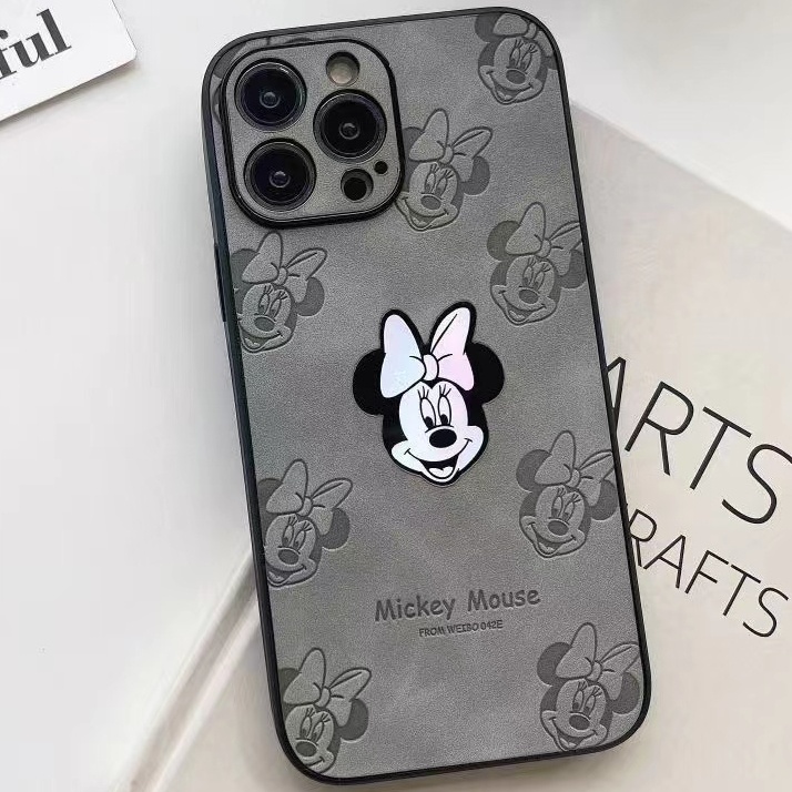 Laser Bow Mickey&amp;Minnie Back Casing for IPhone 14 12 13 11 Pro Max 14plus Leather Lens Protective Case