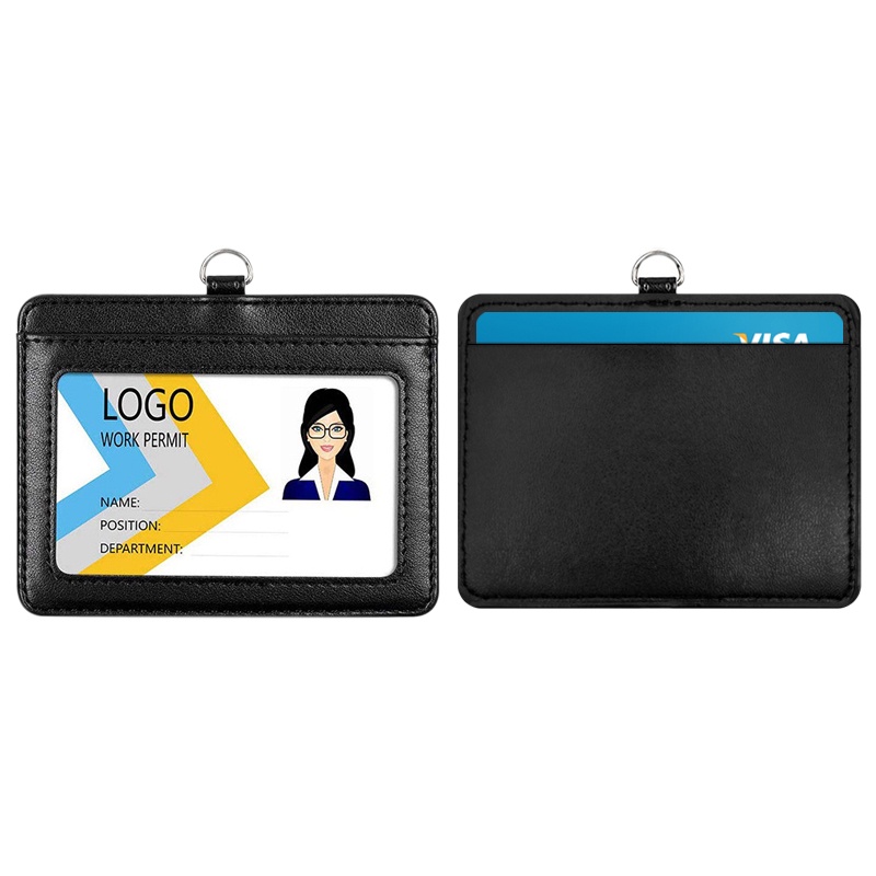 Horizontal ID Badge Holder Hitam PU Leather Card Cover Dengan Tarikan Ditarik Badge Reel Kunci Gesper Bank Kartu Kredit Black Holders Untuk Pekerja Kantor