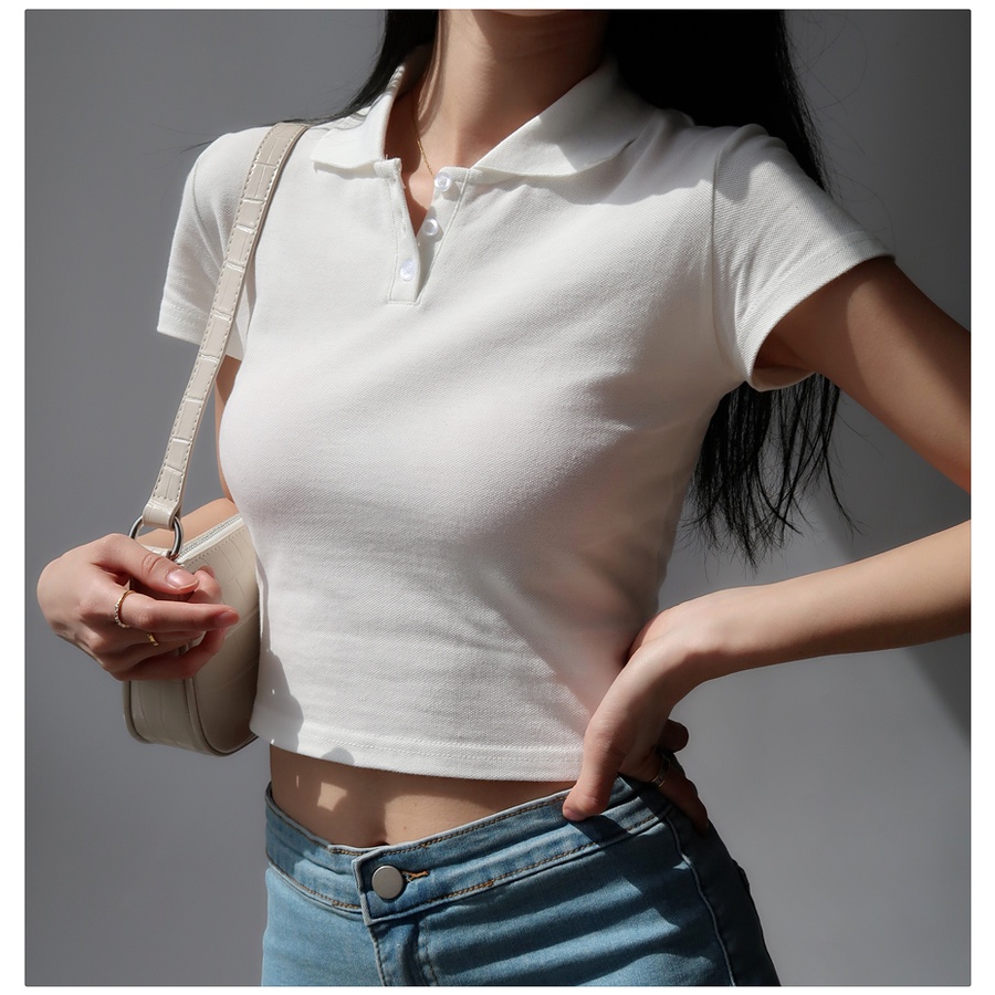 [Premium] Korean Plain Solid  Short Sleeve Polo Crop Top 7028 S/M/L
