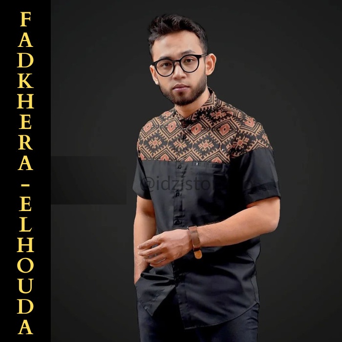 Fadkhera Baju Kemeja Koko Pria Modern Kokoh Muslim Batik Elhouda Black