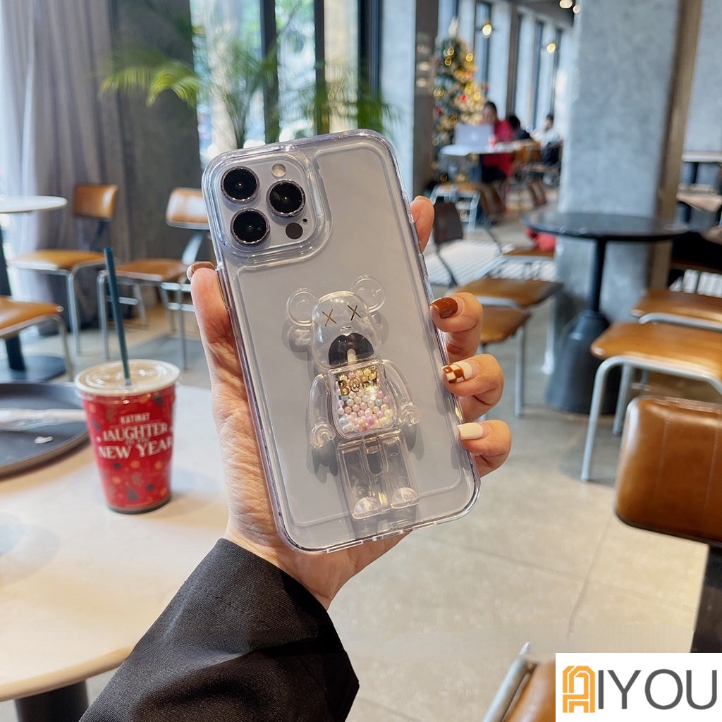 IPHONE Clear Violent Bear Holder Dengan shell Luar Angkasa Bening Mewah Casing Ponsel Untuk Iphone11 12 13 14 Pro Max X Xs XR 7 8 Plus SE 2 3 10 Penutup Bumper Transparan Kristal