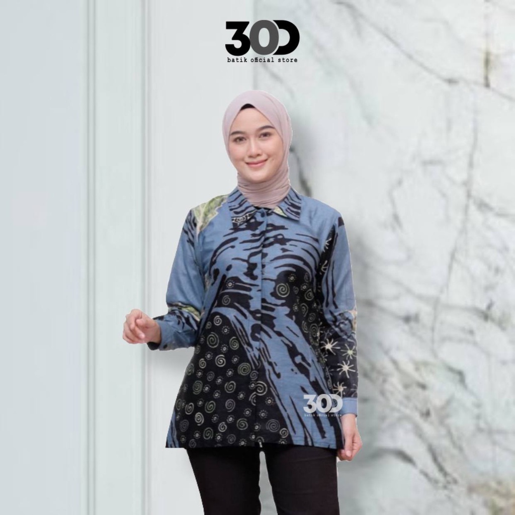 30Dstore Atasan Blouse Batik Wanita Modern Pitaloka Kombinasi Resleting Depan Motif Bunga Lengan Pan