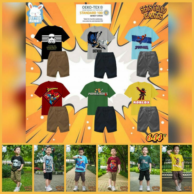 Set Chino Pants Little Rabbit 6T / Setelan Anak Cowo Kaos Superhero Chinos Pendek Murah RUMAH MIKHA
