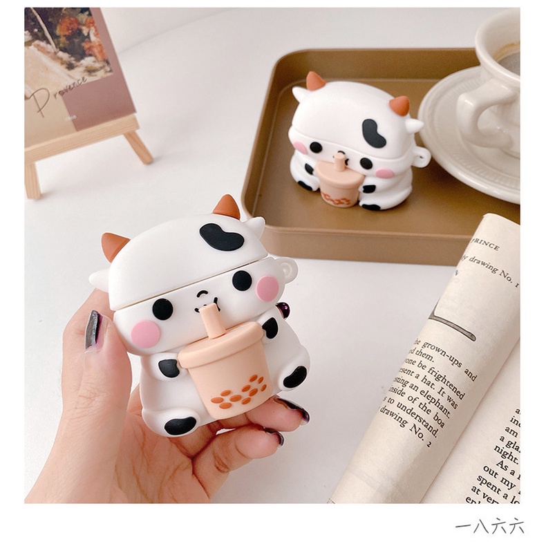 3D Cute Cow with Bubble Milk Tea Bluetooth Earphone Case Soft TWS Cover for Airpods 1 2 3 Airpods3 I12 inpods 12 Headphone Protector