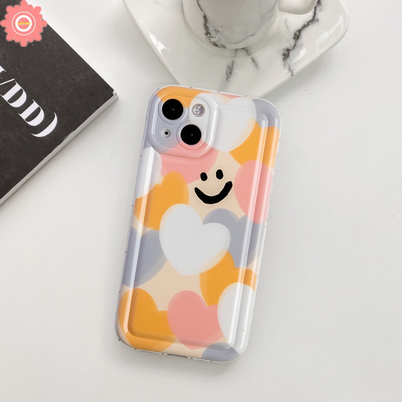 IPHONE Kartun Smiley Case Kompatibel Untuk Iphone11 14 13 12 Pro MAX 6 6S 7 8 Plus XR X XS MAX Warna-Warni Cinta Hati Pelindung Kamera Lembut TPU Silicon Shockproof Airbag Penutup Belakang