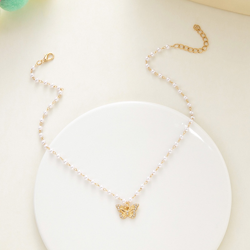 Ins Gentleness Fashion Perhiasan Kreatif Fashion Temperamen Mutiara Kalung Berlian Kupu-Kupu Liontin Kalung