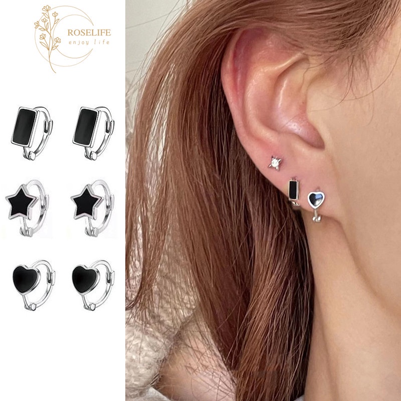 Roselife 2 Pcs Korea S925 Perak Hitam Hati Persegi Panjang Bintang Mini Hoop Earrings Untuk Wanita Gadis Manis Keren Geometris Bulat Anting-Anting Perhiasan Hadiah