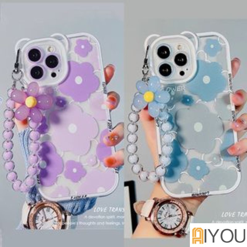 Lucu 3D Telinga Beruang Bunga Gantung Telepon Rantai Bening Soft Case Untuk iphone 14 Pro Max13 12 11 XR XS X7 8 plus SE MiNi Mewah Cover