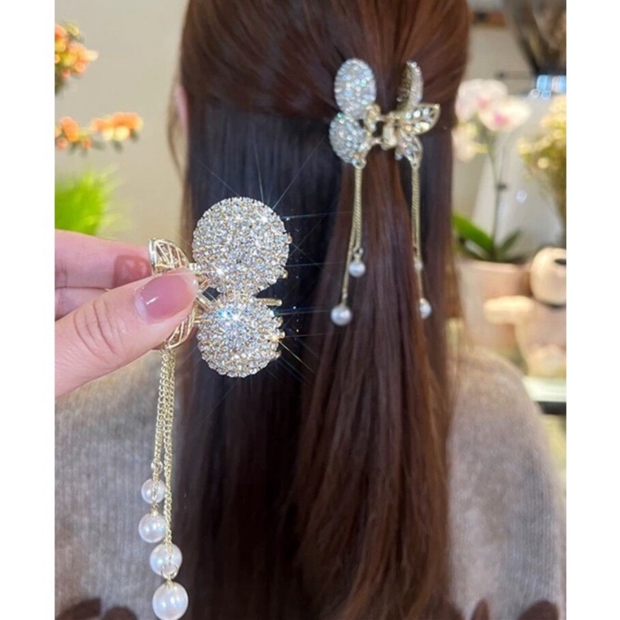 Korea Logam Berlian Imitasi Mutiara Rambut Klip Kristal Rumbai Rantai Bunga Jepit Rambut Hair Claw Woman Fashion Aksesoris Rambut