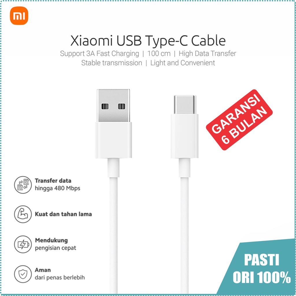 Kabel Data Xiaomi Type C Pasti Original 100% Fast Charging 3A 18W Cable Fast Charging Kabel Cas Char
