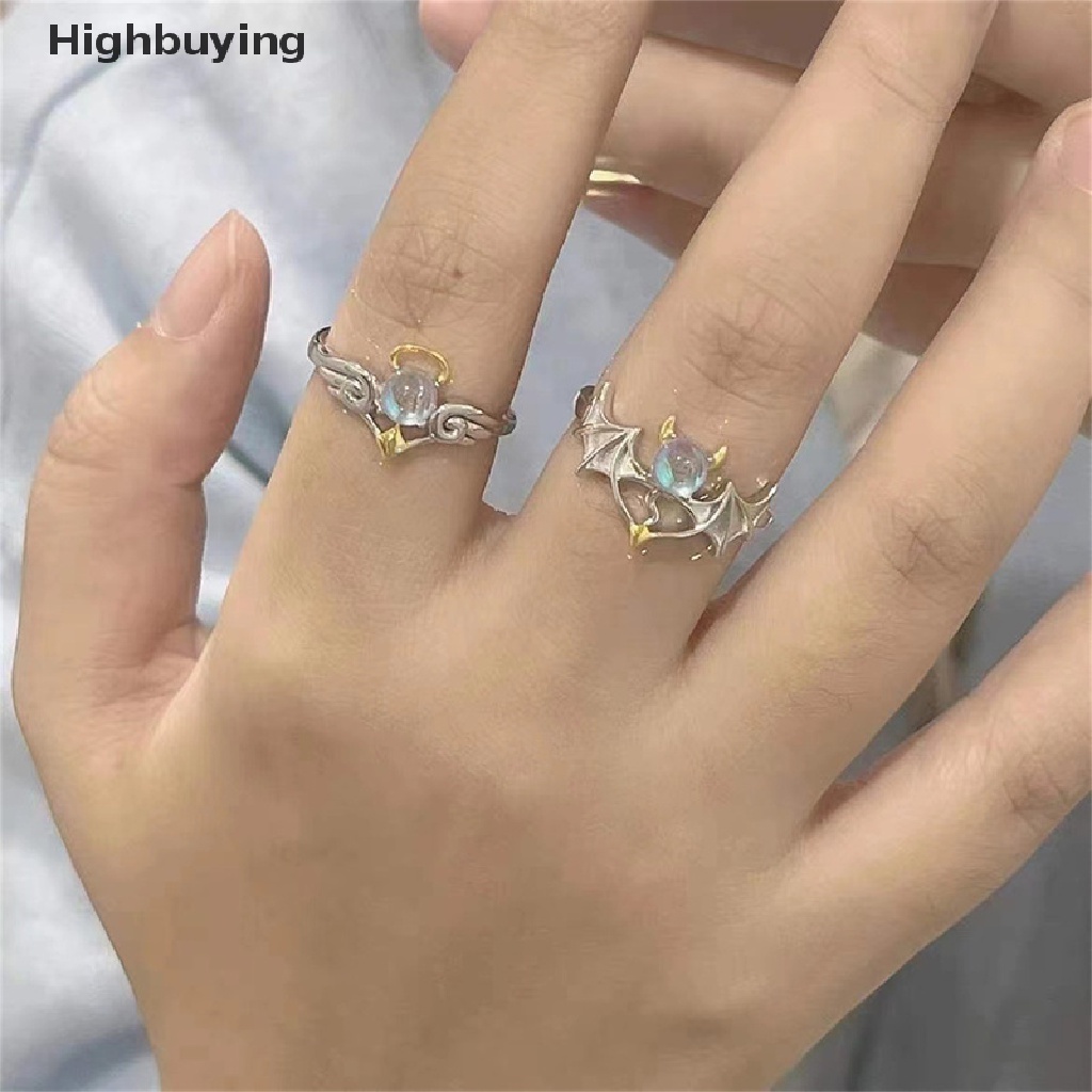 Hbid Cincin Pasangan Sayap Malaikat Dan Setan Romantis Moonstone Cincin Jari Pembukaan Yang Dapat Disesuaikan Glory