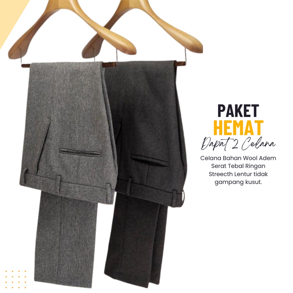 Celana Bahan Pria Wool Paket Hemat Isi 2 Celana Kantor Hitam SlimFit Bahan Woll / Celana Keja Pria Dewasa Panjang Polos