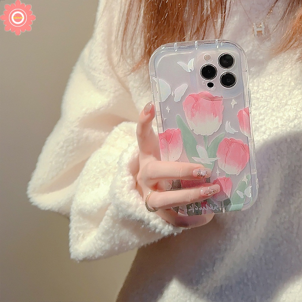 IPHONE Airbag Shockproof Case Kompatibel Untuk Iphone7 8 Plus 6 6S 11 14 13 12 Pro MAX XR X XS MAX Spring Fresh Flower Fantasy Butterfly Tulips Transparan Soft Casing Cover