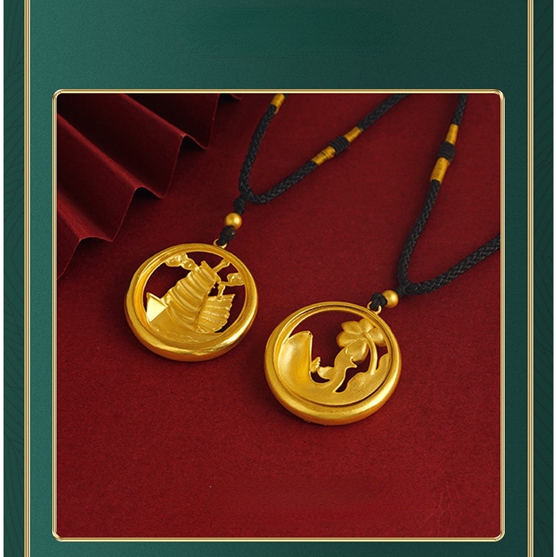 Goldkingdom Perhiasan Fashion Emas Asli Kadar 375Bangkok Aksesoris Ready Stock Dilubangi Emas Bulat Merek Liontin Kalung Fuyu Berlayar Rantai Tali Yang Dapat Disesuaikan