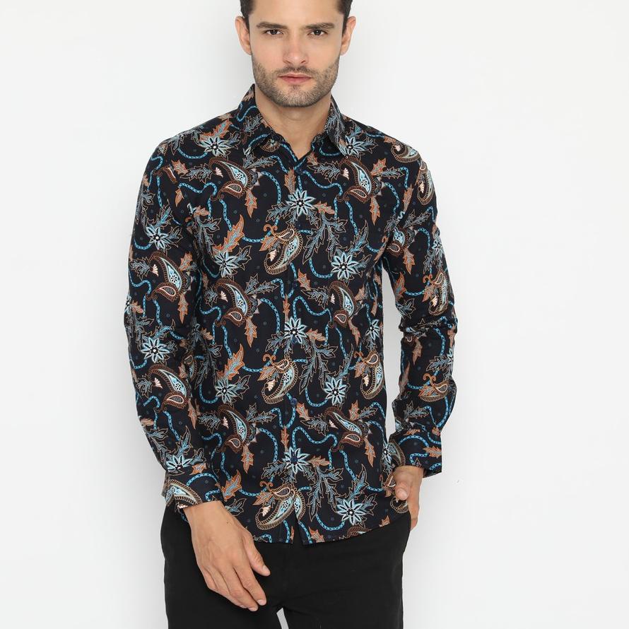 ➤ Platini Kemeja Batik Pria Lengan Panjang katun Navy  ➧