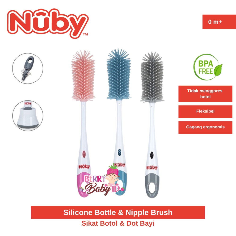 Nuby Silicone Bottle &amp; Nipple Brush Sikat Silikon Botol Dot Bayi Berry Mart