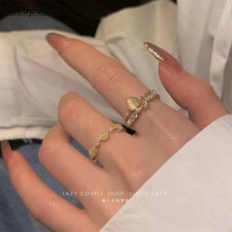 IFYOU Mutiara Kristal Berongga Cincin Set Untuk Wanita Elegan Emas Terbuka Rings Aksesoris Fashion Perhiasan