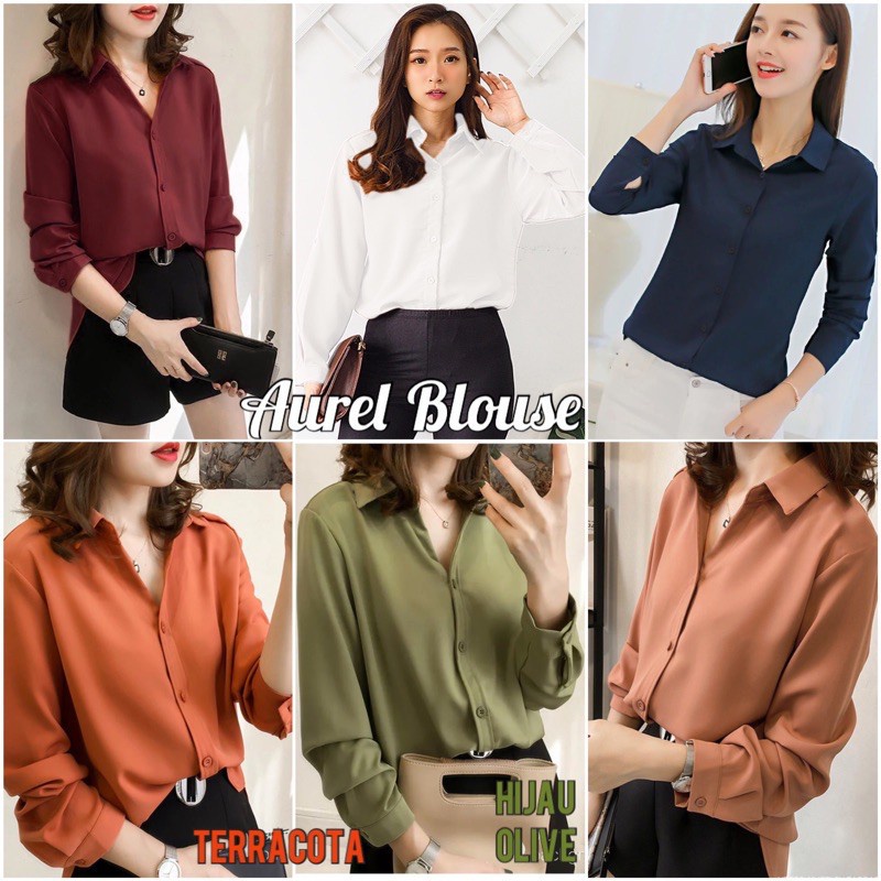 KEMEJA AUREL /KEMEJA BASIC POLOS/Kemeja Atasan Wanita Lengan Panjang Lengan Skoder M - XXL (bahan katun )