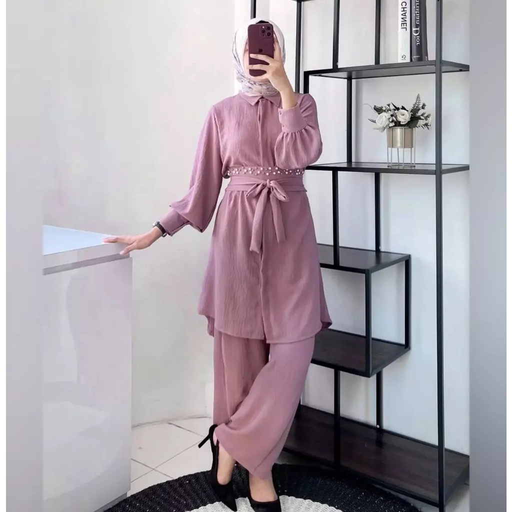 Rhesa Set Baju Setelan Wanita Dewasa Bahan Crinkle M L XL Busui Friendly Model Terbaru Lebaran 2023 