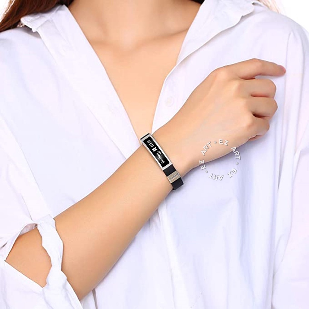 GELANG BTS CUSTOM NAMA TULISAN MODEL SABUK STRAP KULIT PLAT STAINLESS STEEL GAYA KPOP KOREA