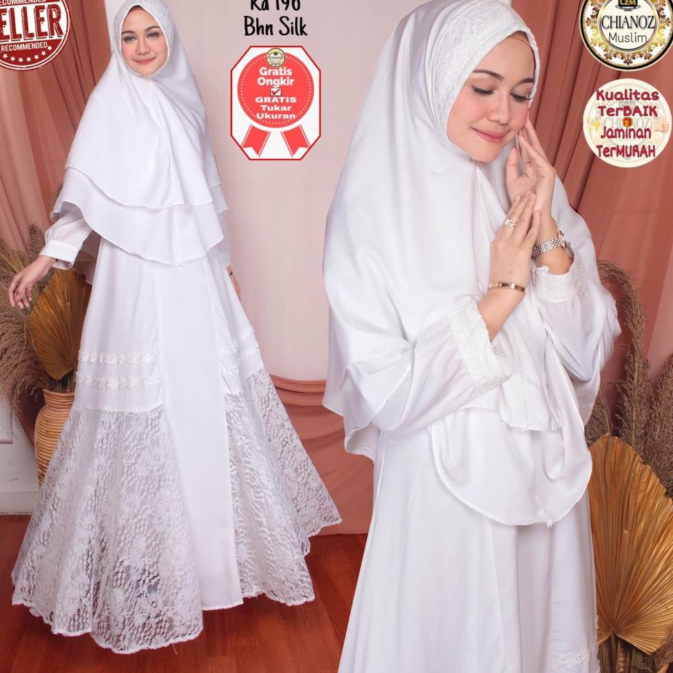 LANGSUNG ATC CHIANOZ Gamis Syari Putih Mewah Premium Katun Sutra Silky Silk Brukat Renda Putih Bruka
