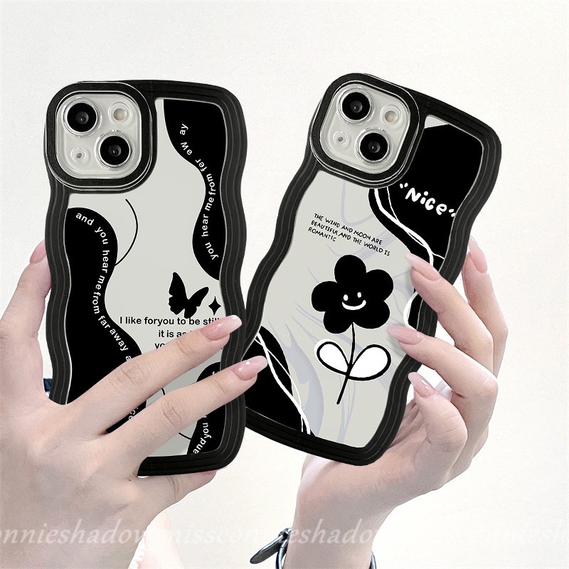 Casing Kupu-Kupu Bunga Retro Hitam VIVO Y02s Y22 Y02 Y35 Y12s Y15s Y33s Y21s Y16 Y21 Y15 Y20 Y17 Y11 Y15A Y12i Y12 Y93 Y50 V20 V25E Y22s Y30 Y91C Y91 V25 V21 Wavy Edge Soft Tpu Case