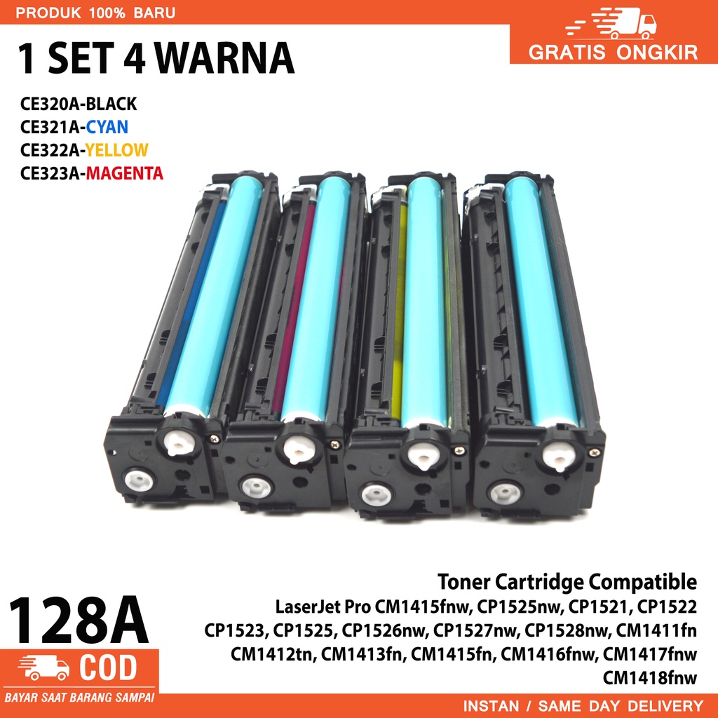 Satu Set Toner Cartridge Compatible 128A Printer CM1415 fnw, CP1525nw, CP1521, CP1522 , CP1523, CP1525, CP1526nw, CP1527nw, CP1528nw, CM1411fn, CM1412tn, CM1413fn, CM1415fn, CM1416fnw, CM1417fnw, CM1418fnw