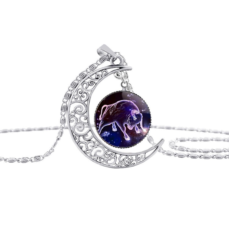 12 Zodiak Bulan Sabit Kubah Kaca Kalung Fashion Perhiasan Gemini Cancer Leo Virgo Libra Scorpio Sagitarius Capricorn