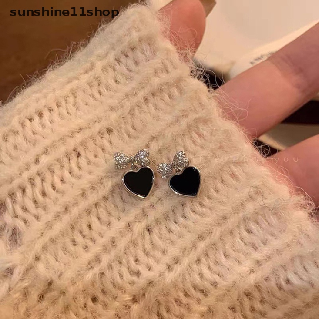 Sho Anting Wanita Asimetris Lucu Ikatan Simpul Hitam Hati Drop Earrings Berlian Imitasi Aksesoris Untuk Wanita pendientes mujer N