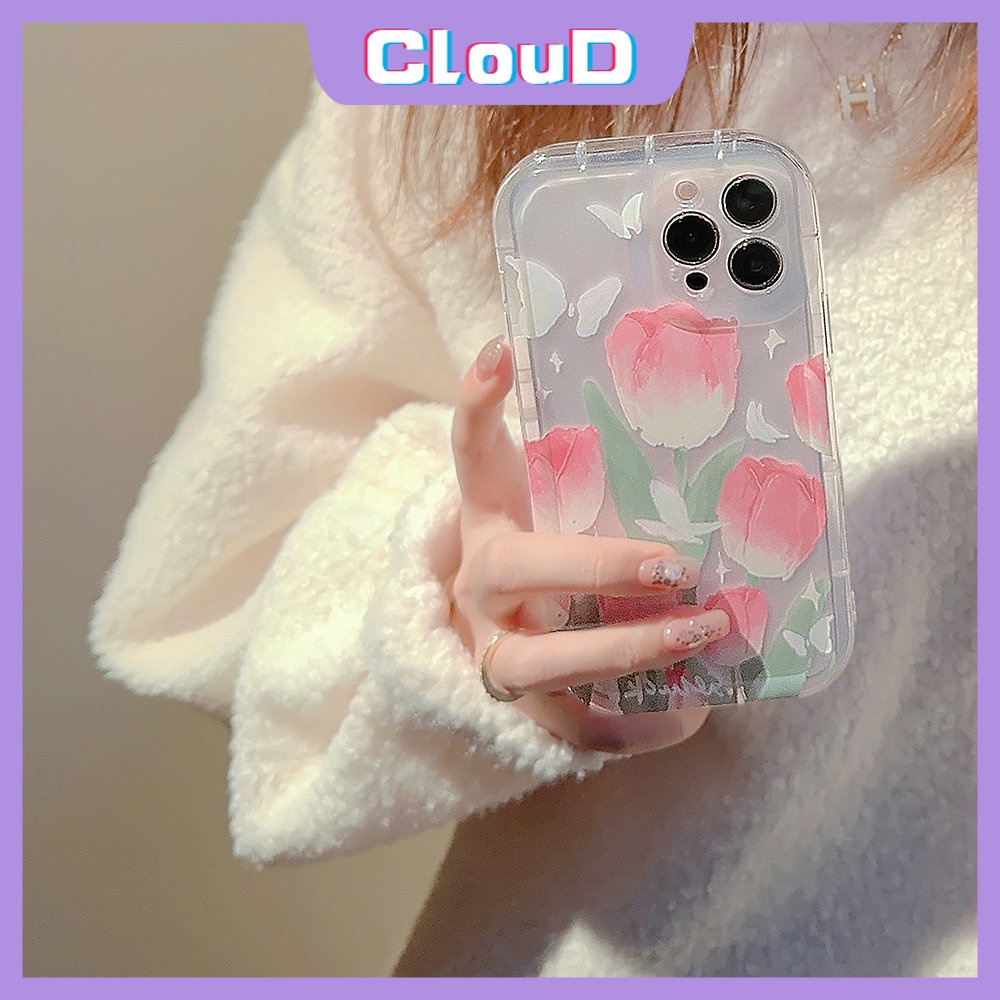 IPHONE Fashion Butterfly Clear Case Kompatibel Untuk Iphone11 7 8 6s 6 Plus XR 14 11 13 12 Pro Max X XS Max SE 2020 Fresh Spring Flowers Tulips Airbag Shockproof Soft TPU Back Cover