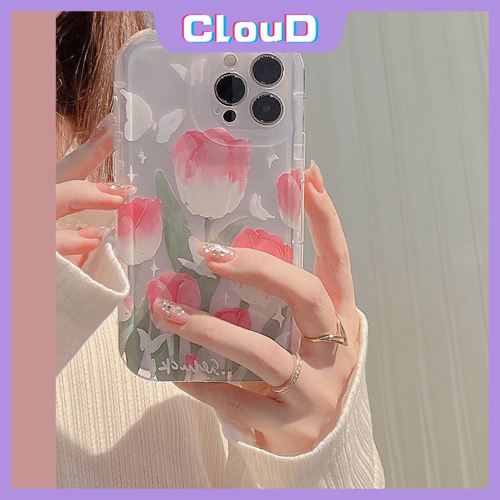 IPHONE Fashion Butterfly Clear Case Kompatibel Untuk Iphone11 7 8 6s 6 Plus XR 14 11 13 12 Pro Max X XS Max SE 2020 Fresh Spring Flowers Tulips Airbag Shockproof Soft TPU Back Cover