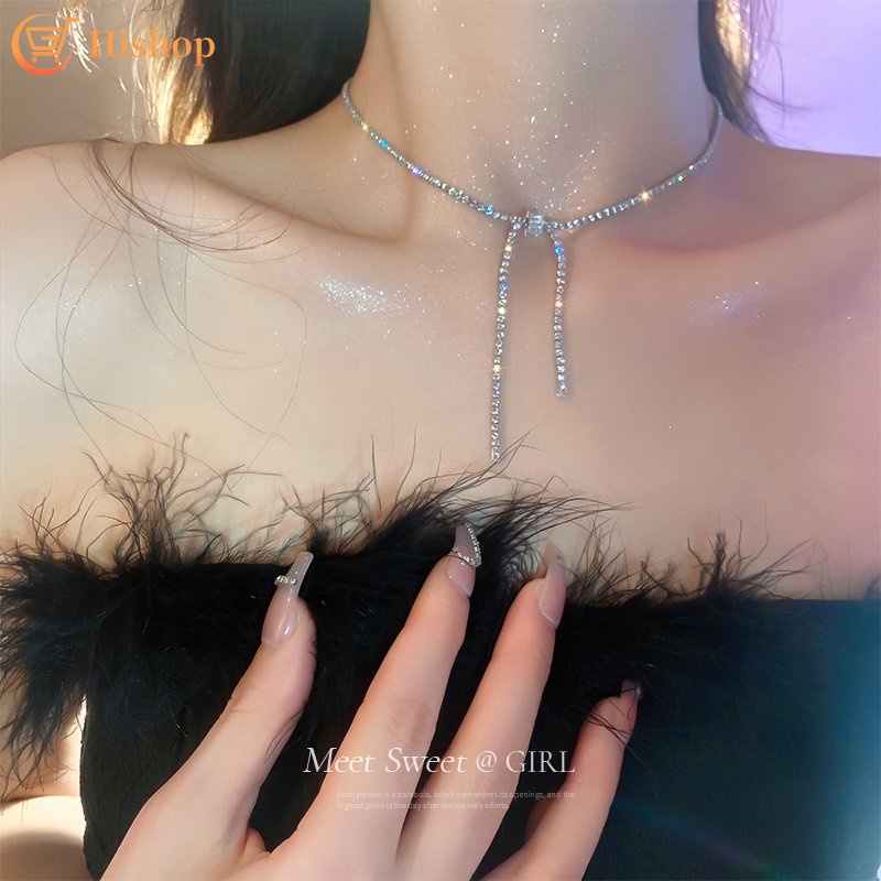 Kalung Busur Zirkon Elegan Untuk Wanita Kristal Perak Rantai Choker Perhiasan Aksesoris