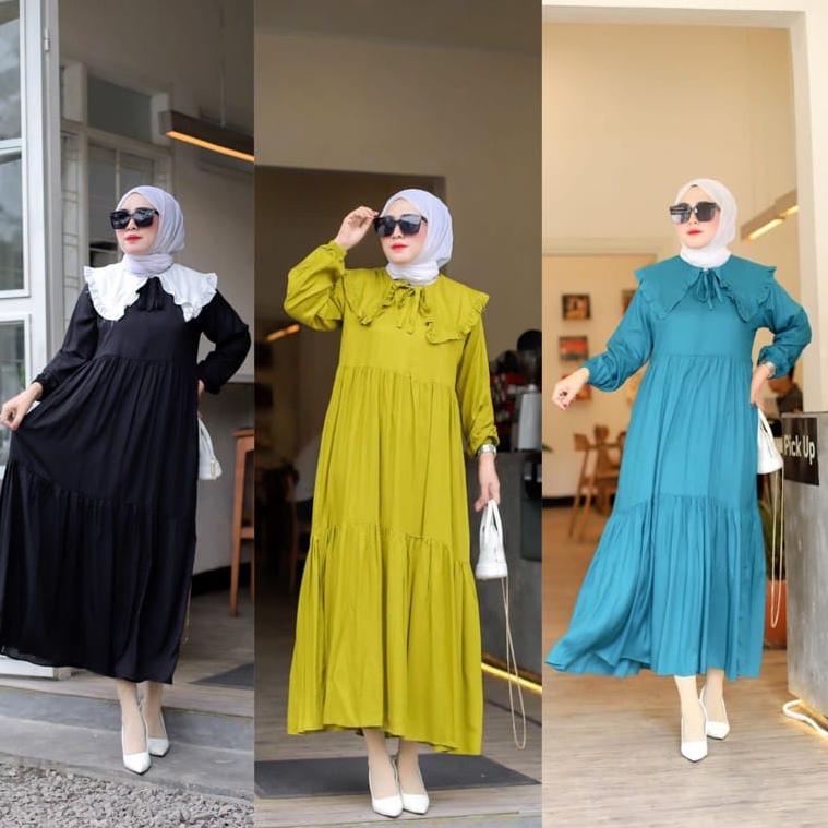 MENARIK NAOMI SERIES MIDI DRESS MUSLIM PREMIUM RAYON TWILL POLOS KOREAN STYLE VINTAGE KEKINIAN BAJU 