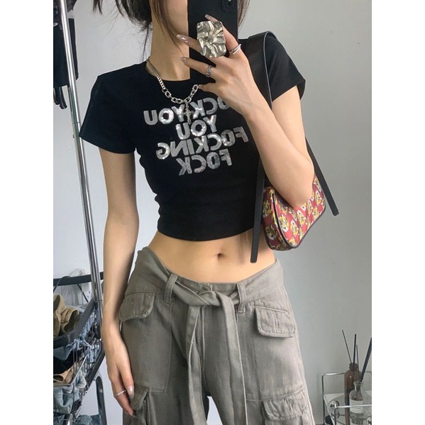 Red Bahu Pendek T-shirt Wanita Lengan Pendek Musim Panas Baru Huruf Payet Bordir Slim Fit Gadis Pusar Top In