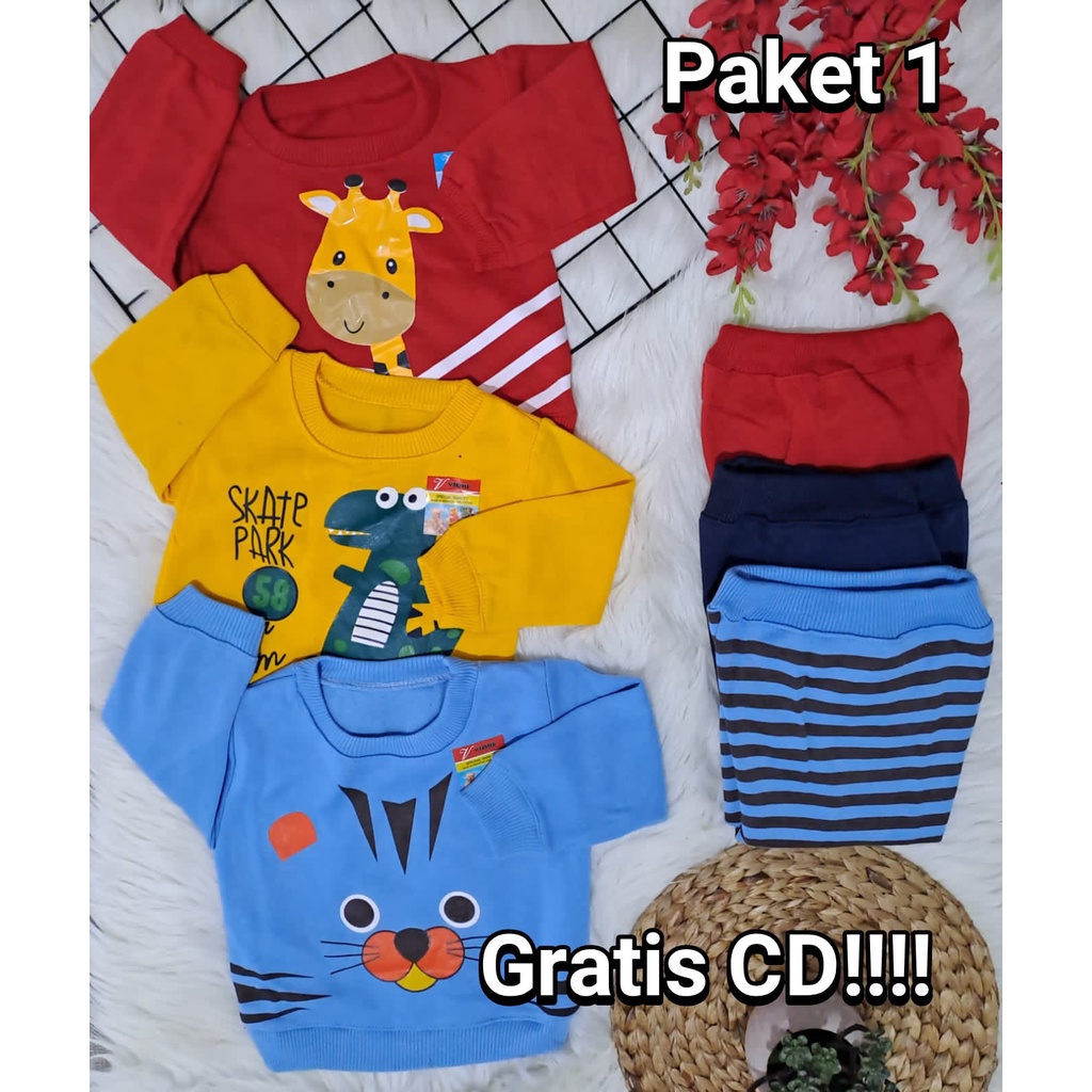 PAKETAN HEMAT stelan sweater lucu murah laki laki perempuan GRAFFE, DINO, KUCING3-18 bulan