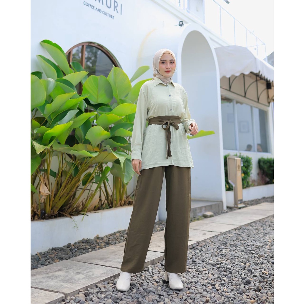 Nagitha Set - One Set Wanita Kemeja Import Crinkle Airflow Setelan Wanita Celana Kulot Lengan Panjang Set Baju Kekinian  LD 110 cm