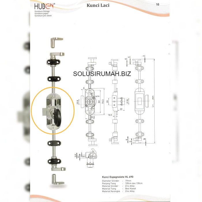 SILINDER SAJA Kunci Lemari Pakaian Espanyolet Espagnolete HL 690 Huben