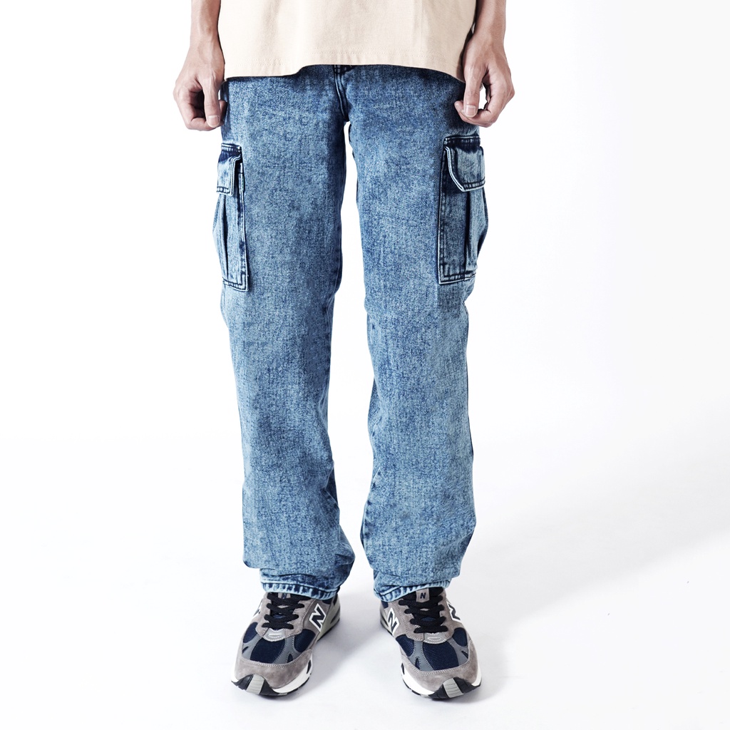 Pluviophile - Long Cargo pants jeans Celana cargo jeans loose fit  Reguler Standard Blue Sandwash