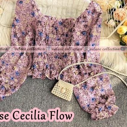 ➯ KALANTHA FASHION Blouse Serut Karet Sabrina Lengan Panjang Motif Bunga Bahan Sifon Casual ♠