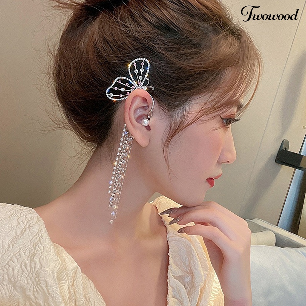 Twowood 1Pc Mutiara Imitasi Dekorasi Tanpa Tindik Panjang Telinga Manset Wanita Elegan Berlian Imitasi Bentuk Kupu-Kupu Rumbai Anting Perhiasan Aksesoris